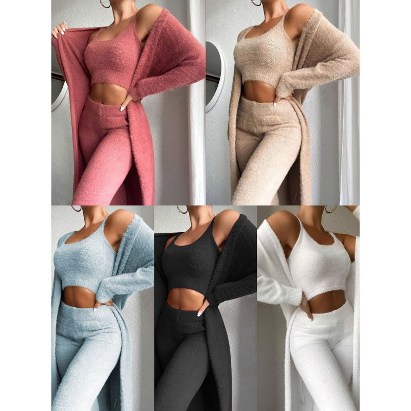 Collage of women wearing matching outfits in various colors.